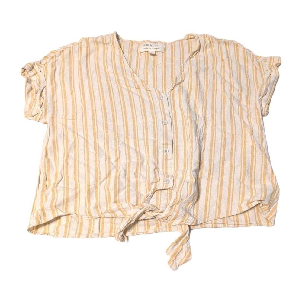 Anthropologie Cloth & Stone Yellow White Stripe Linen Blend Tie Front Button Top